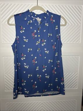 LOFT Blue Floral Sleeveless Ruffle-Neck Top
